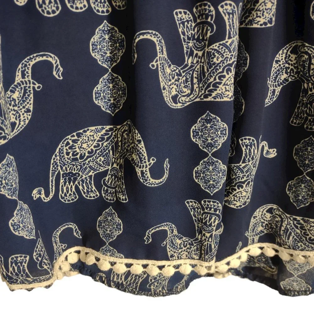 Jesse & J Blue Off-the-Shoulder Boho Elephant Print Short Romper